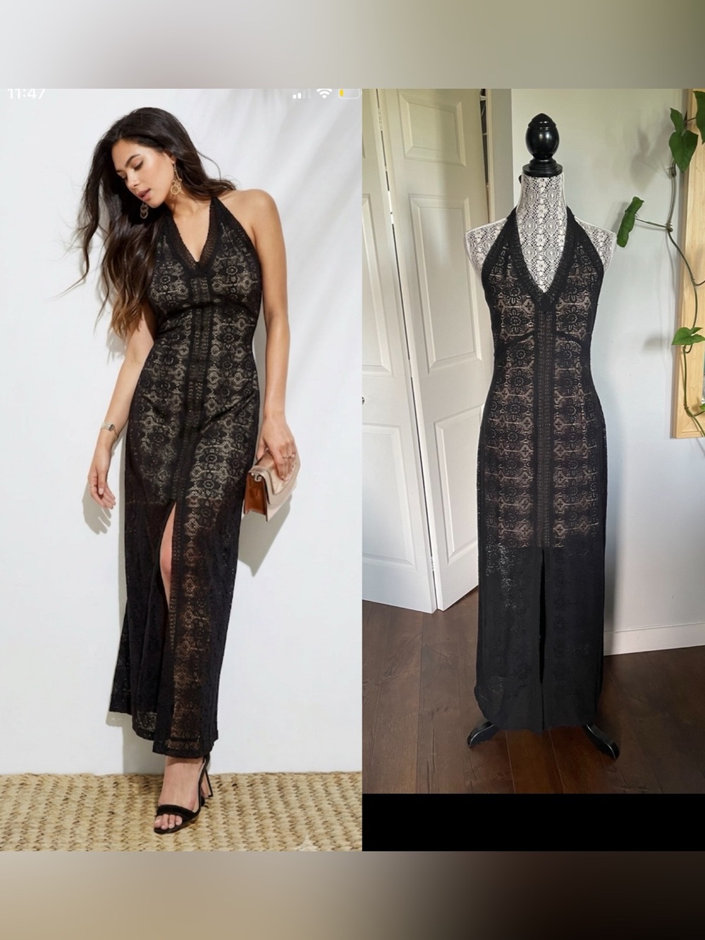 NWT Guess Tie Halter Black Lace Nude Effect Slit Maxi Party Gown Dress Sz 6